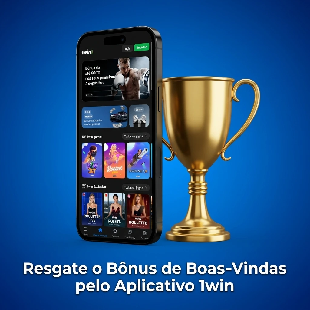 Aplicativo 1win no celular com tela de bônus de boas-vindas visível, disponível para Android e iOS