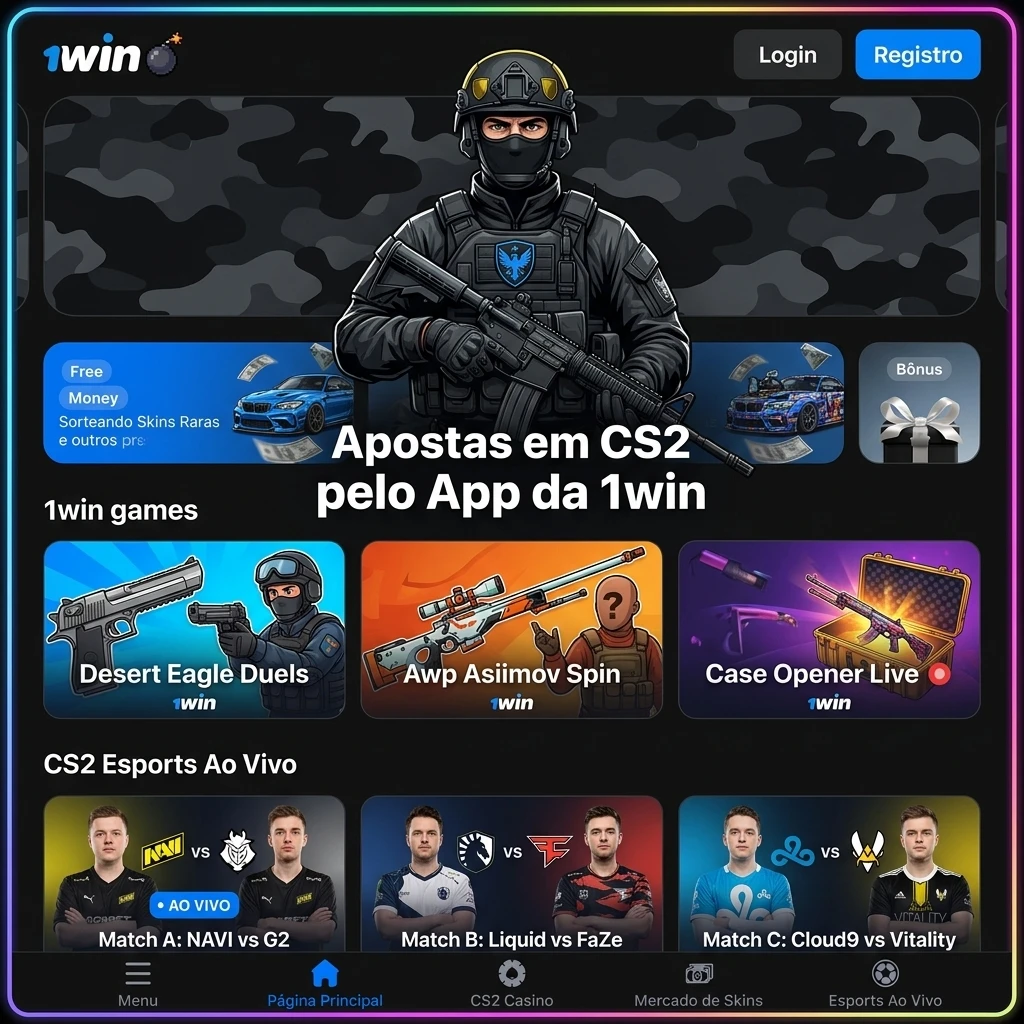 Tela do app 1win com apostas ao vivo em CS2, mostrando mercados de eSports e odds em tempo real