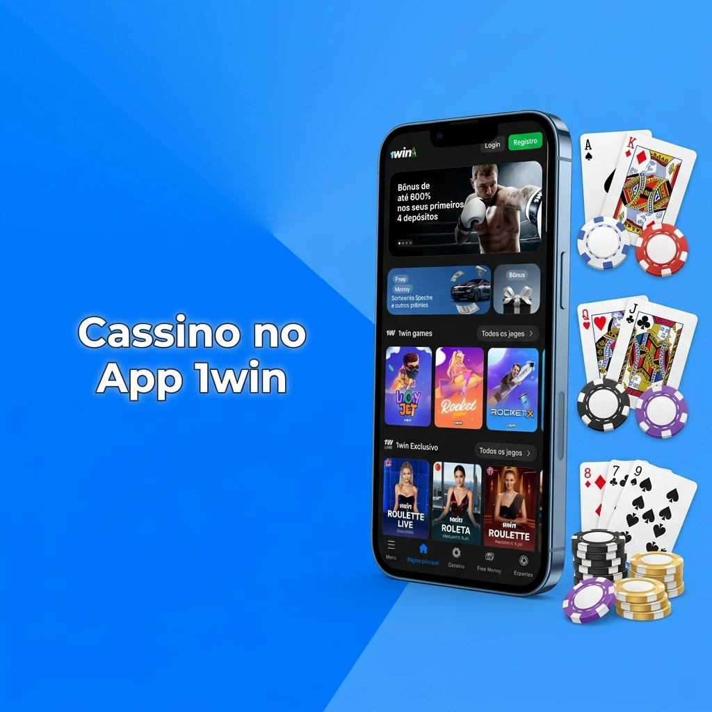 Seção de cassino do app 1win com caça-níqueis, roleta, blackjack e cassino ao vivo com dealers reais