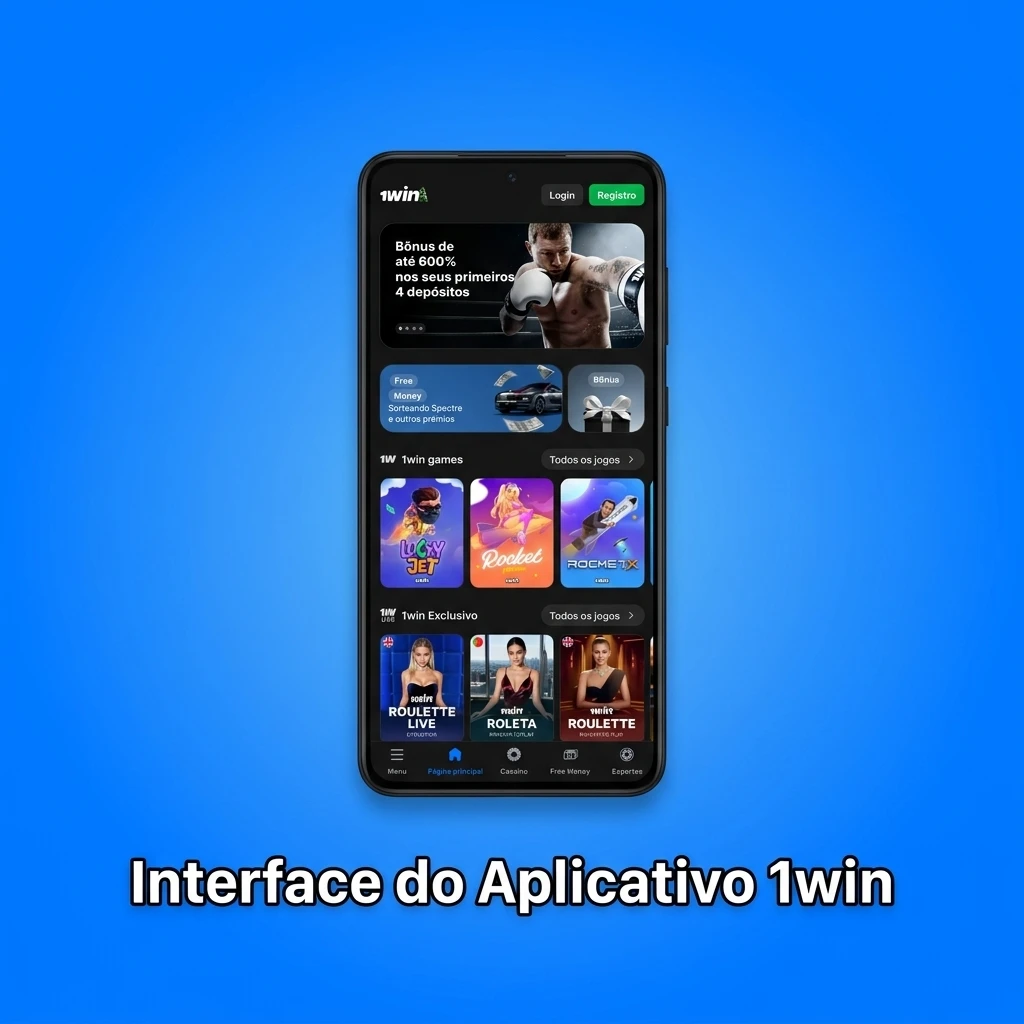 Interface do aplicativo 1win com menus organizados para apostas, cassino e conta pessoal em tela móvel