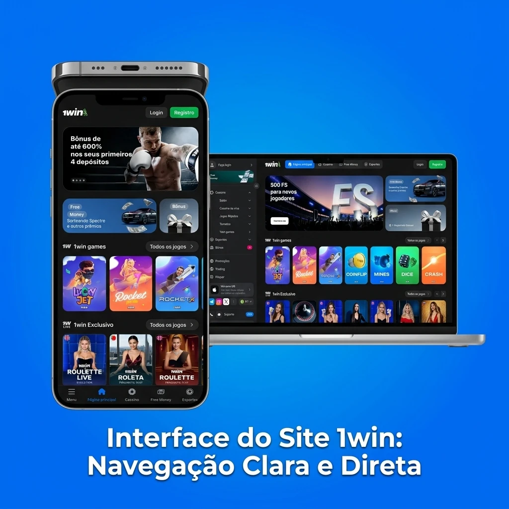 Interface do site 1win Brasil com barra de navegação superior mostrando seções de Esportes, Cassino e Promoções